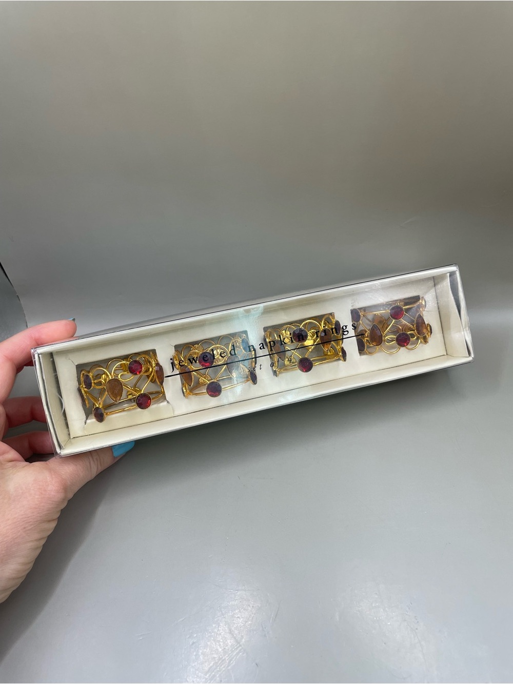 Pier One Imports Napkin Rings GoldTone Red & Amber Rhinestones Jeweled Set Of 4